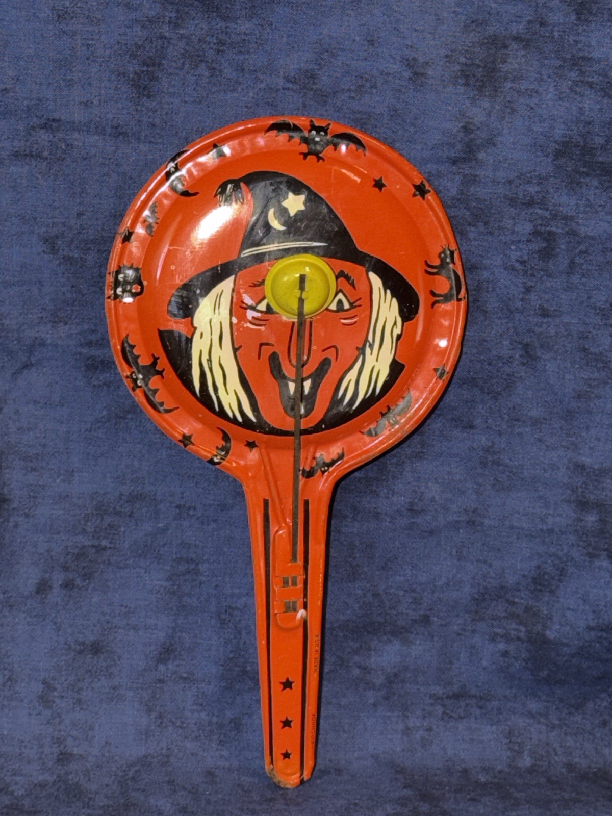 Rare-Vintage-1950’s-Witch-Halloween-Tin Litho-Kirchhof-Noisemaker-Works great