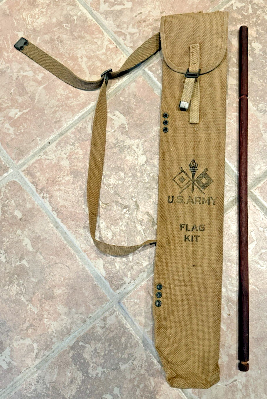 Vintage WWI WWII US Army Signal Corps Canvas Flag Kit Bag & Wooden Pole Stencil