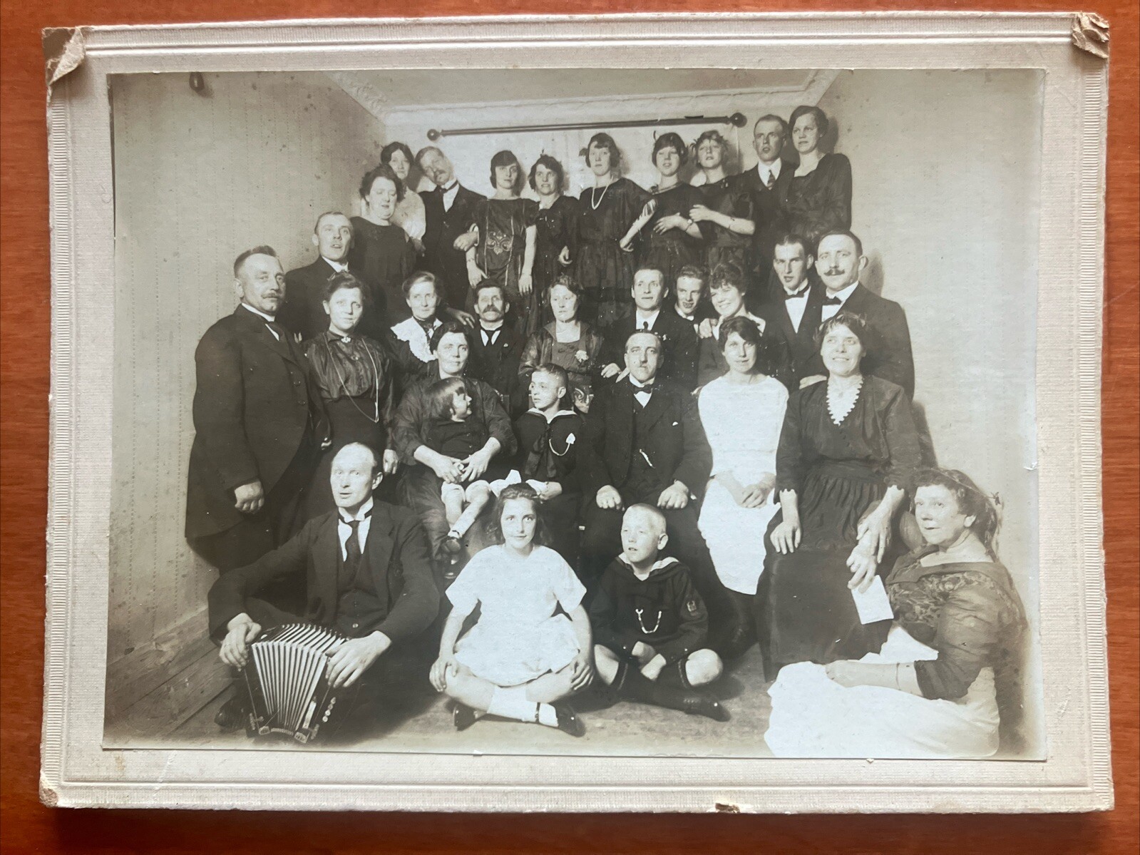 Large Group Of People Man With Accordian Cabinet Photo Antique Early 1900s 5 x 8