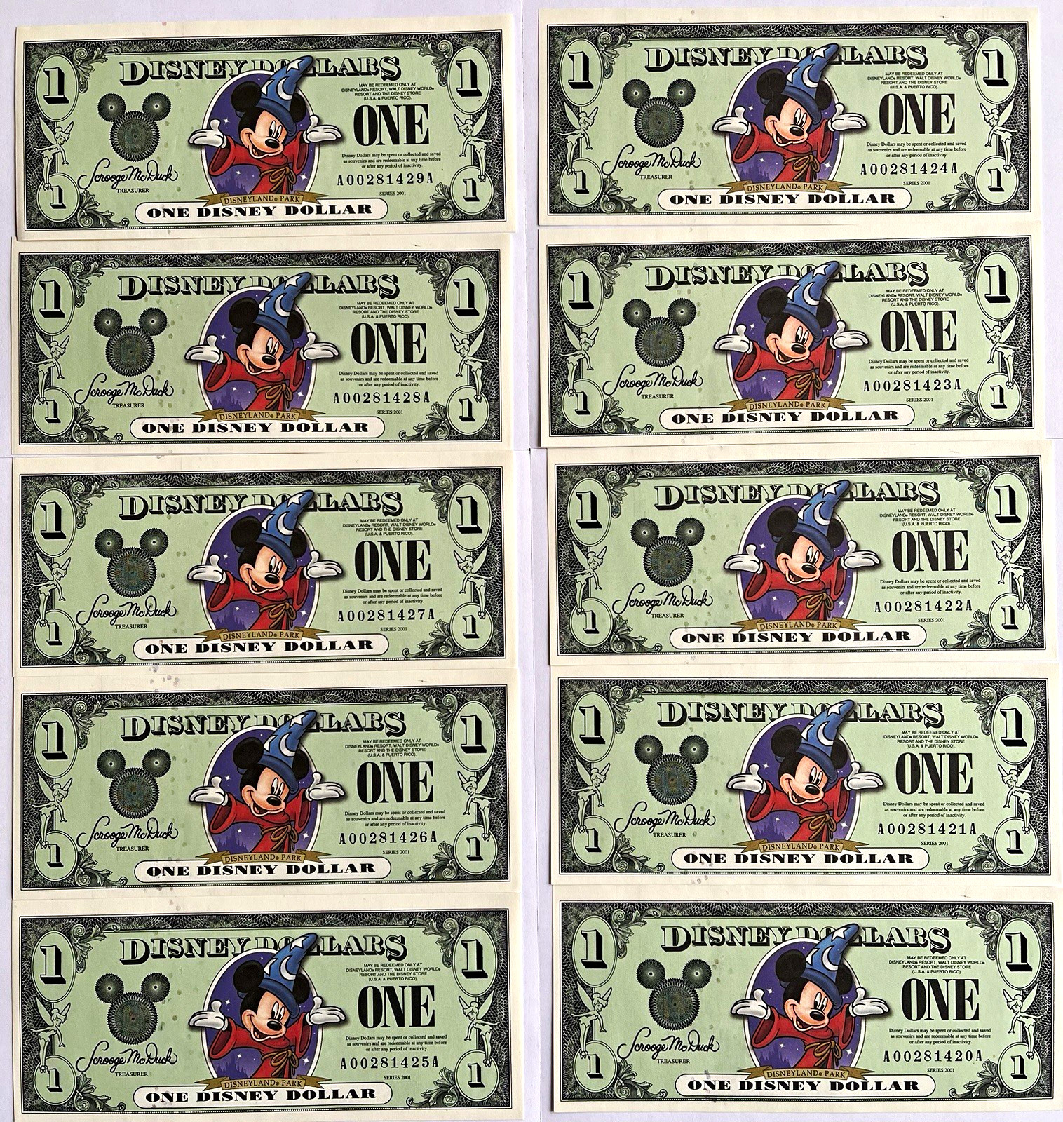2001 UNUSED Mickey Mouse 10 consecutive $1 Disney Dollars