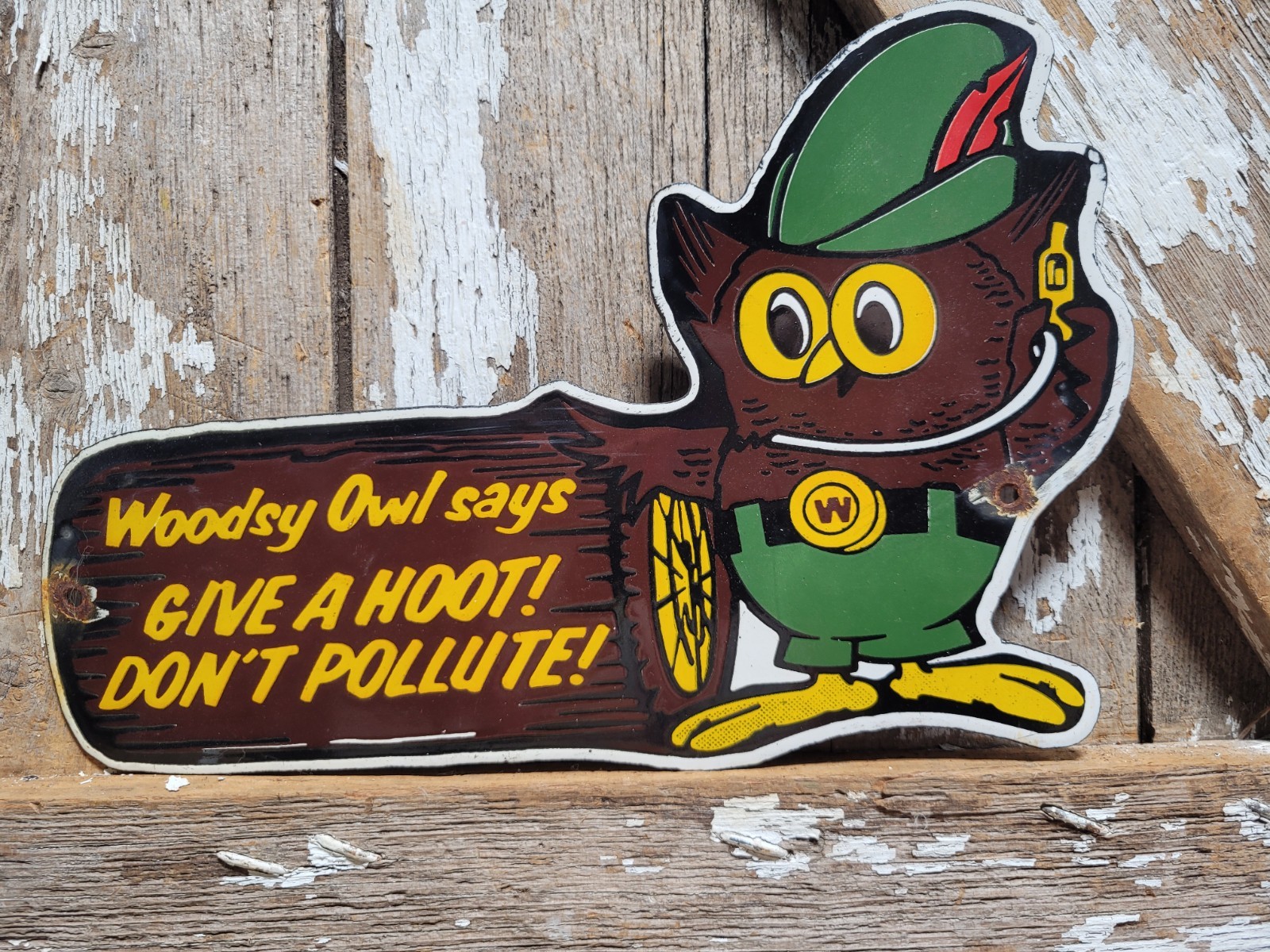 VINTAGE WOODSY OWL PORCELAIN SIGN OLD FOREST SERVICE PARK SMOKEY DONT POLLUTE