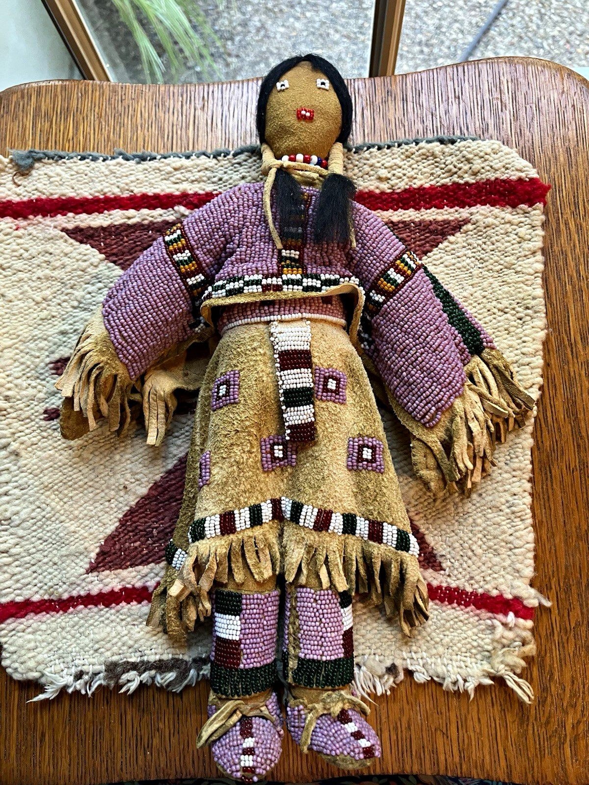 Native American Style Handmade Beaded Leather Doll w/ Purple Outfit Stand