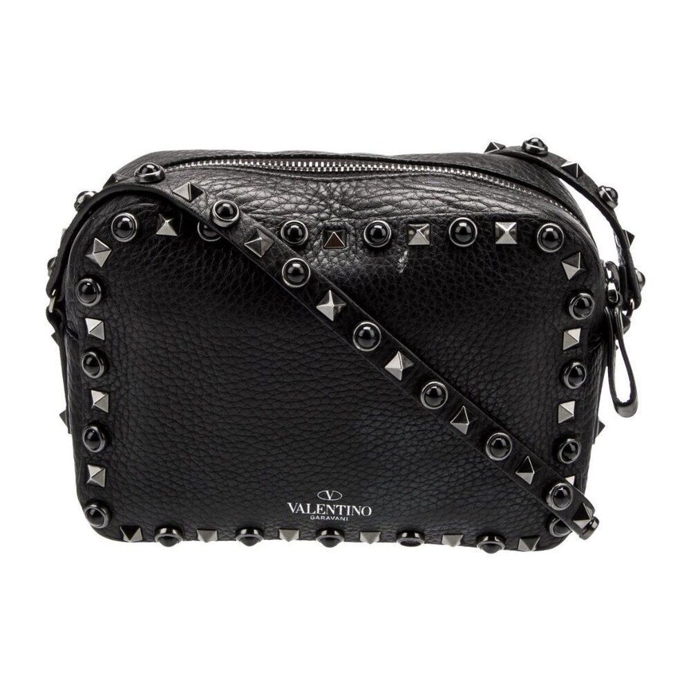 Valentino Garavani Rolling Rockstud Black Leather Crossbody Camera Bag