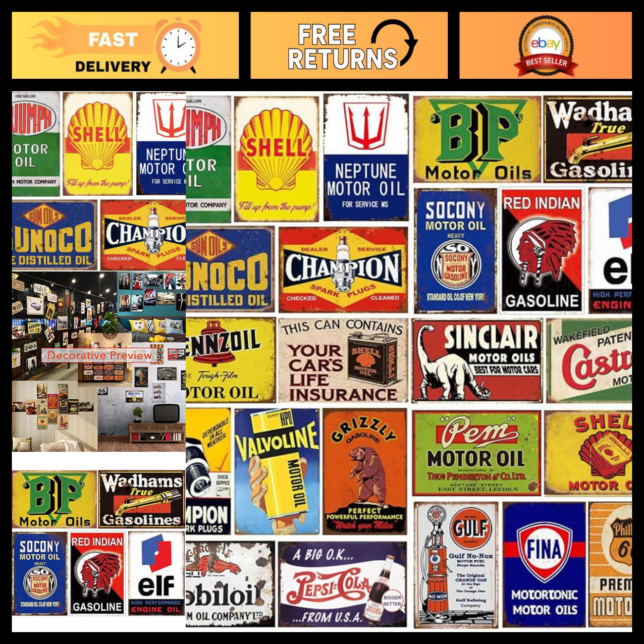 Reproduced Vintage Tin Sign Pack, Gas Oil Retro Advert Antique Metal Signs for G