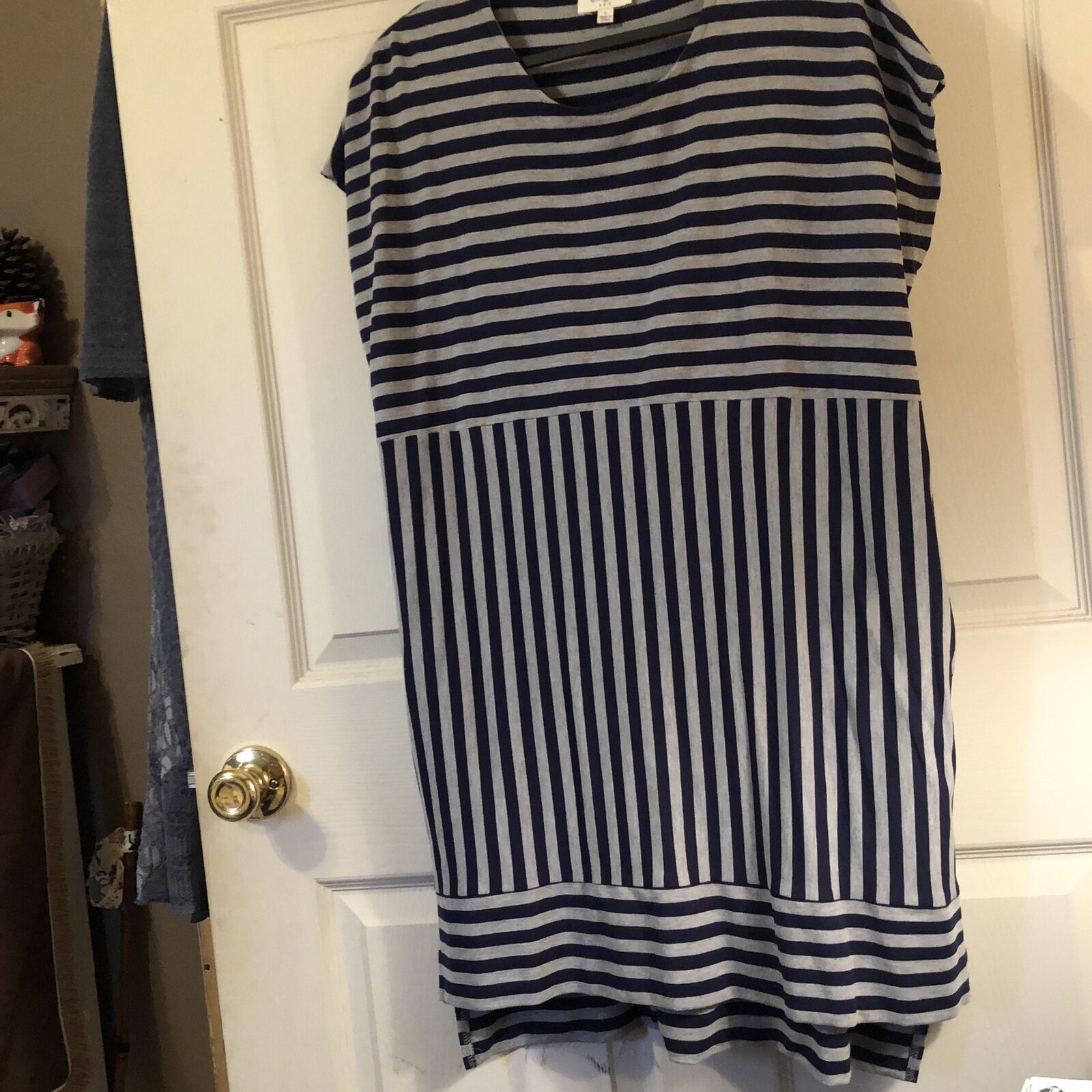 Umgee Womens Blue Gray Striped Short Sleeve Hi Low Mini Dress Size Large