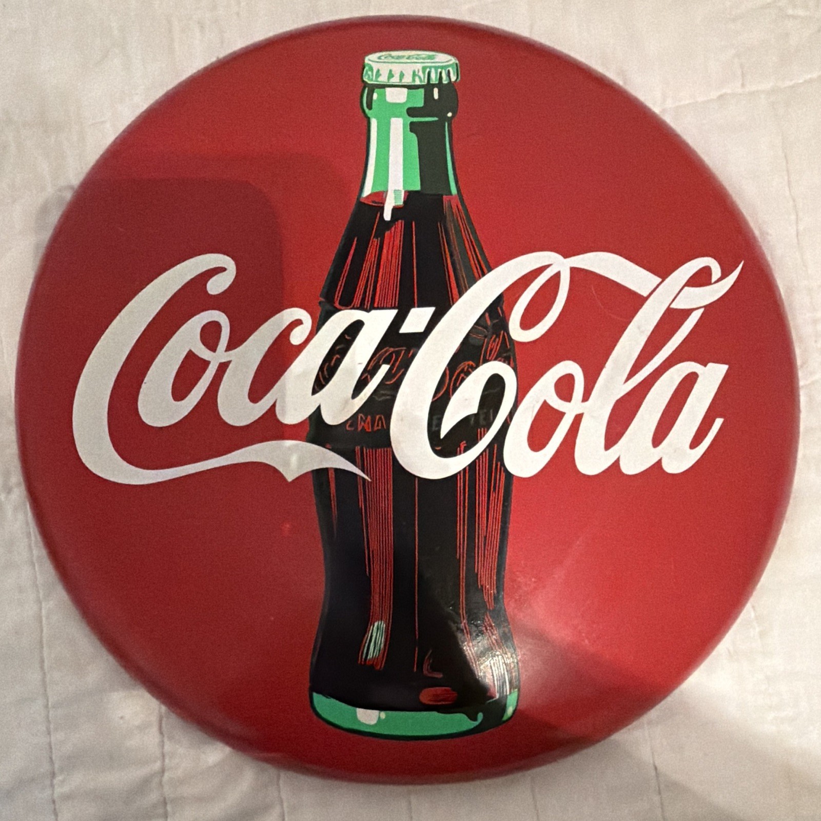 Coca-Cola Round Metal Advertising Sign Bottle Logo 1990 Reproduction