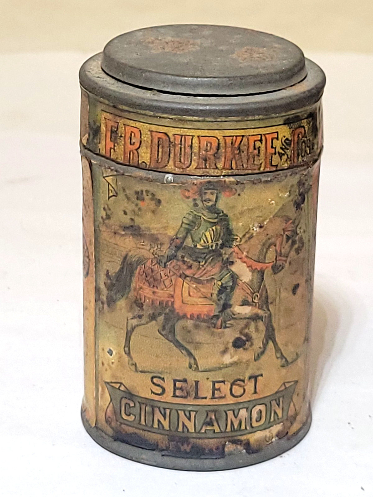 c1870s F.R. Durkee Spice Tin Can Paper Label Antique Cinnamon Knights rare