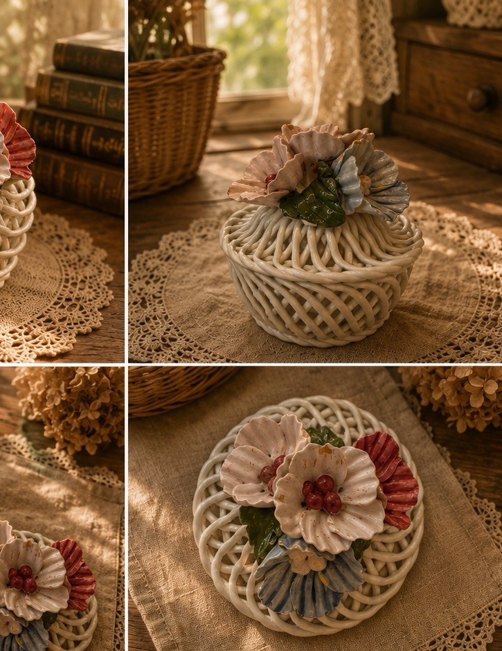Vintage Capodimonte Italy Porcelain Lattice Trinket Box Floral Lid Made in Italy