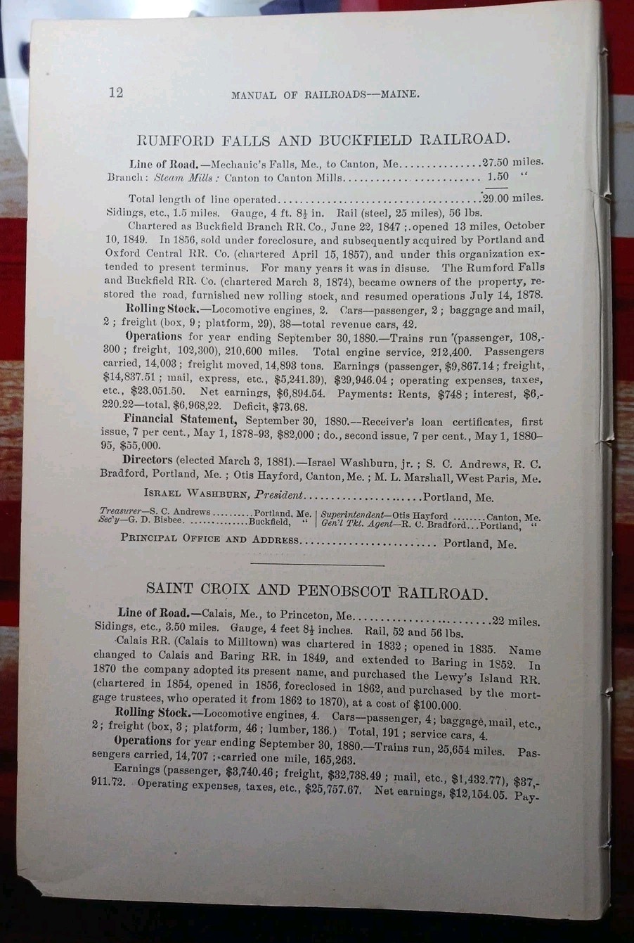 1881 Report Rumford Falls Buckfield Railroad Canton Mills Mechanics Falls Maine