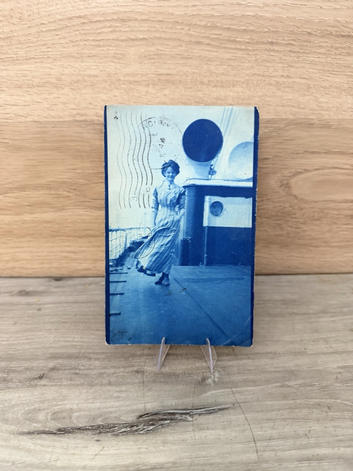 1908 RPPC Woman Aboard Ship Blue Cyanotype Postcard Memphis TN Antique