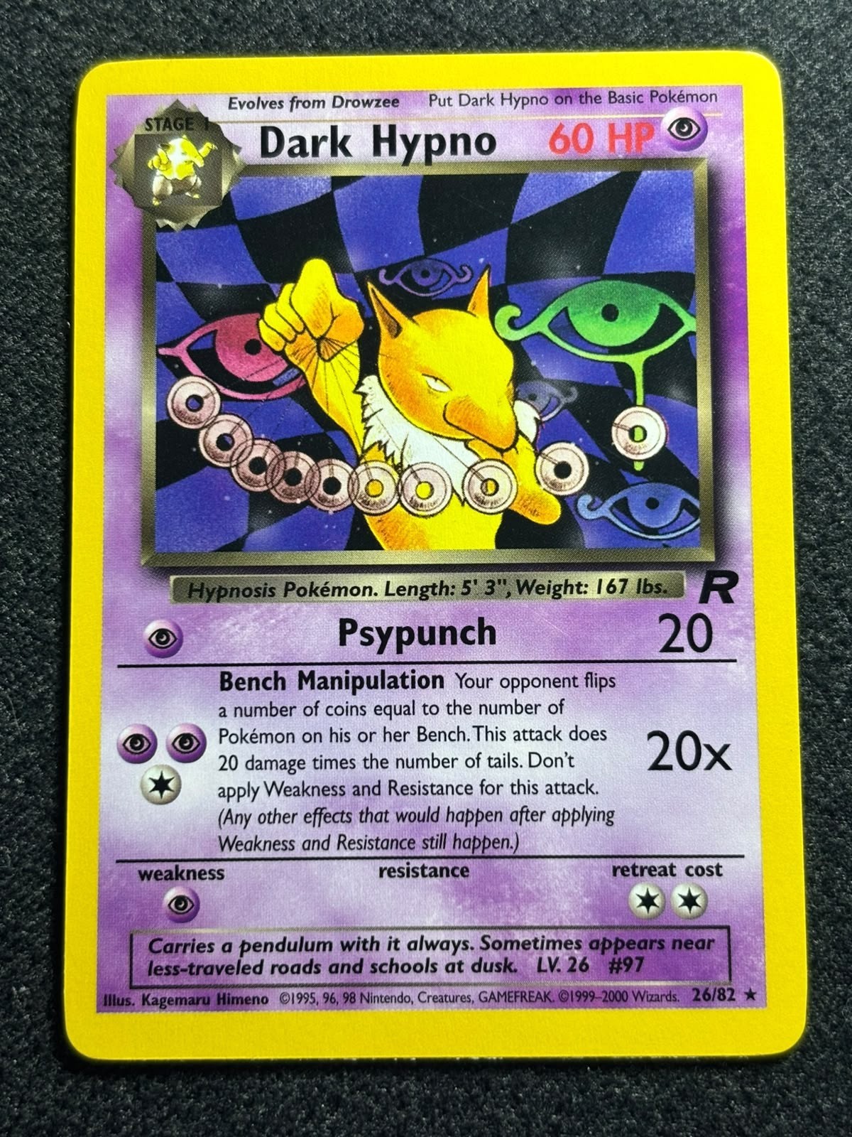 Dark Hypno 26/82 Pokemon Card Team Rocket Non Holo Rare Vintage WOTCC NM-