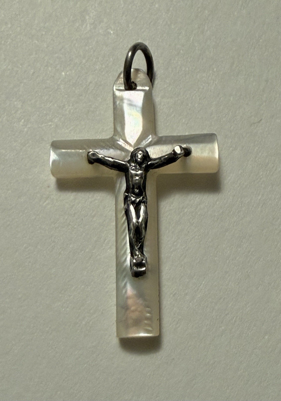 Antique French Religious Mother Of Pearl Cross Crucifix Silver Tone Jesus