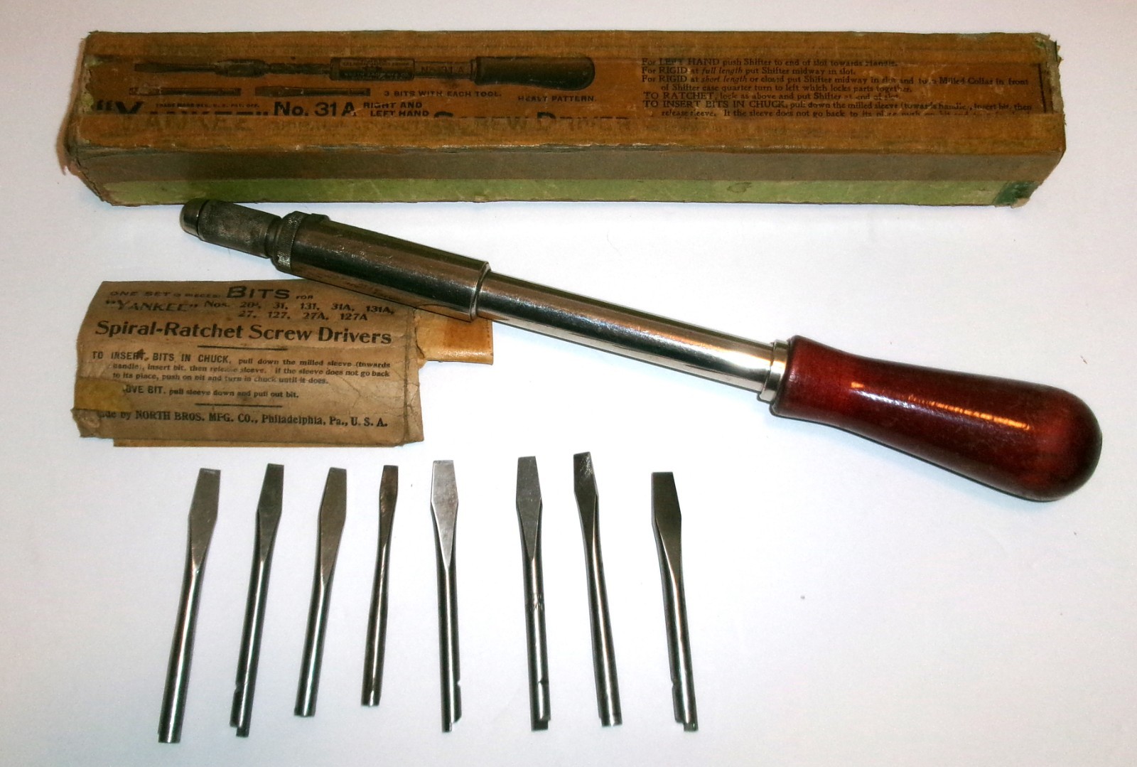 Vintage Yankee No. 31A Spiral Ratchet Screwdriver w/ 8 Bits in BOX USA S164