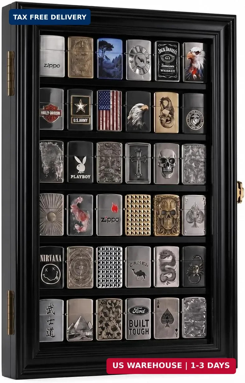 36 Lighter Display Case with Solid Pine, Finish Shadow Box for Zippo, Military,