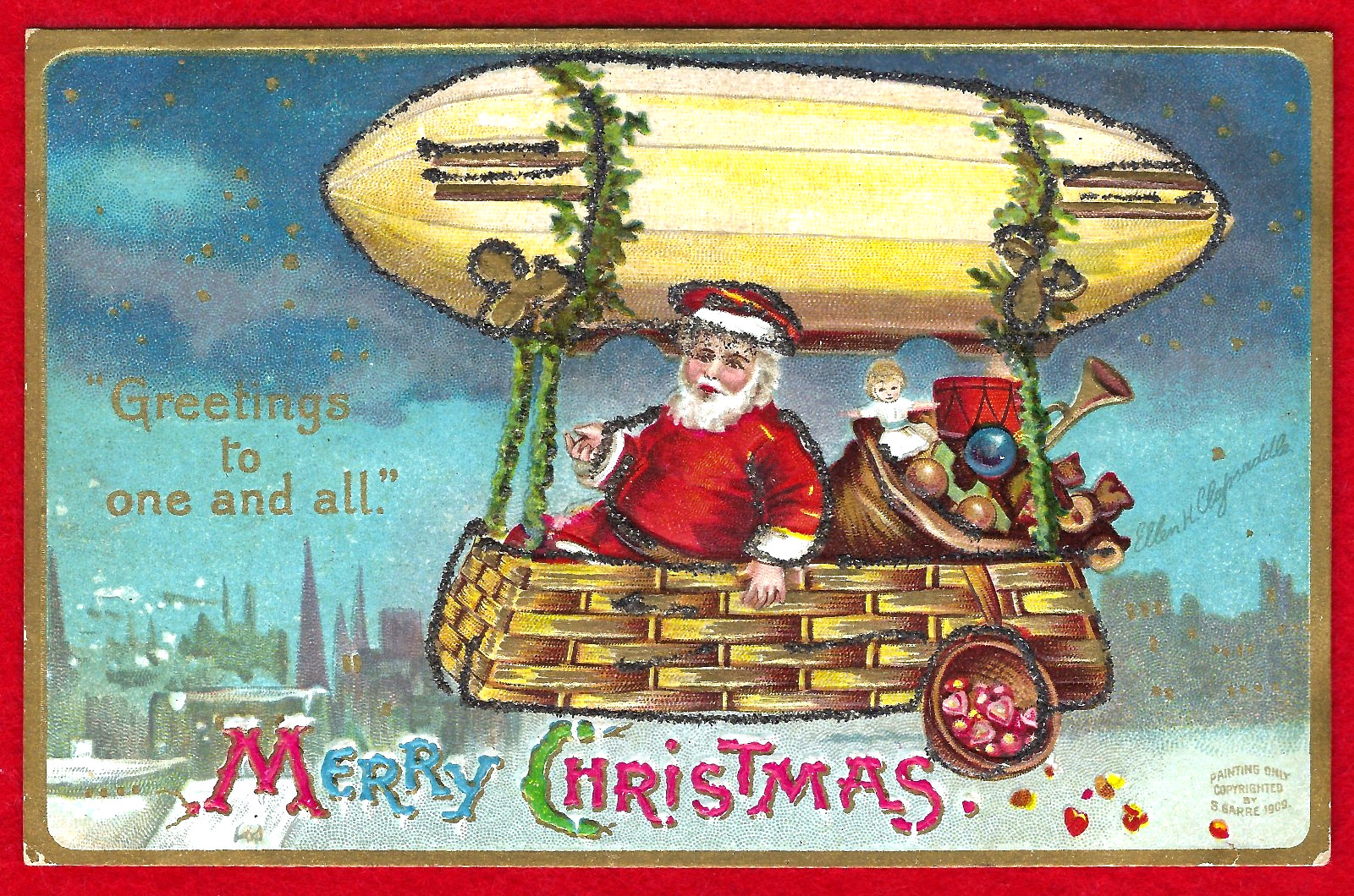 Vtg Christmas Clapsaddle Flying Santa Blimp Toys Glitter Gilded A/S Emb PC 1909