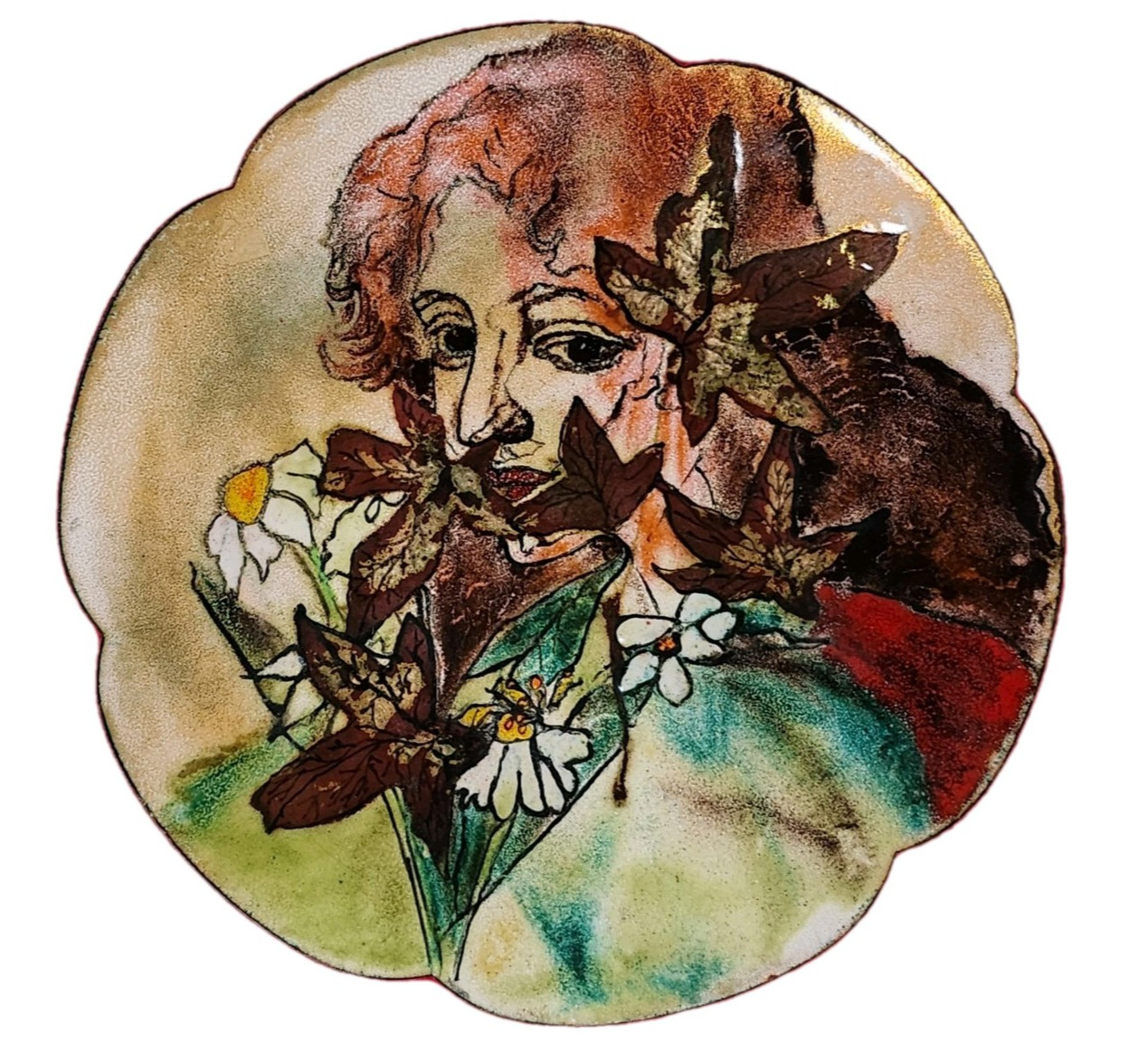 Art Nouveau Style Lady & Flower Enamel on Copper Plate Vintage Hand Painted 10\