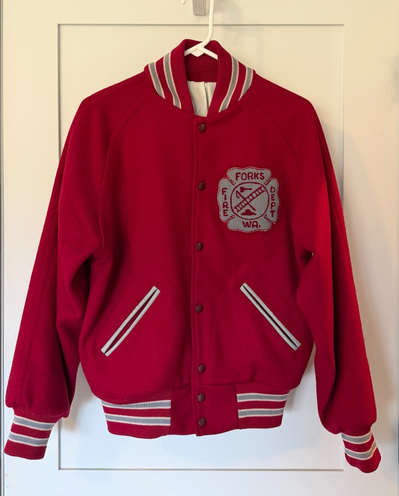Vintage Red 1970s Forks WA (Twilight) Fire Dept Wool Varsity Jacket.