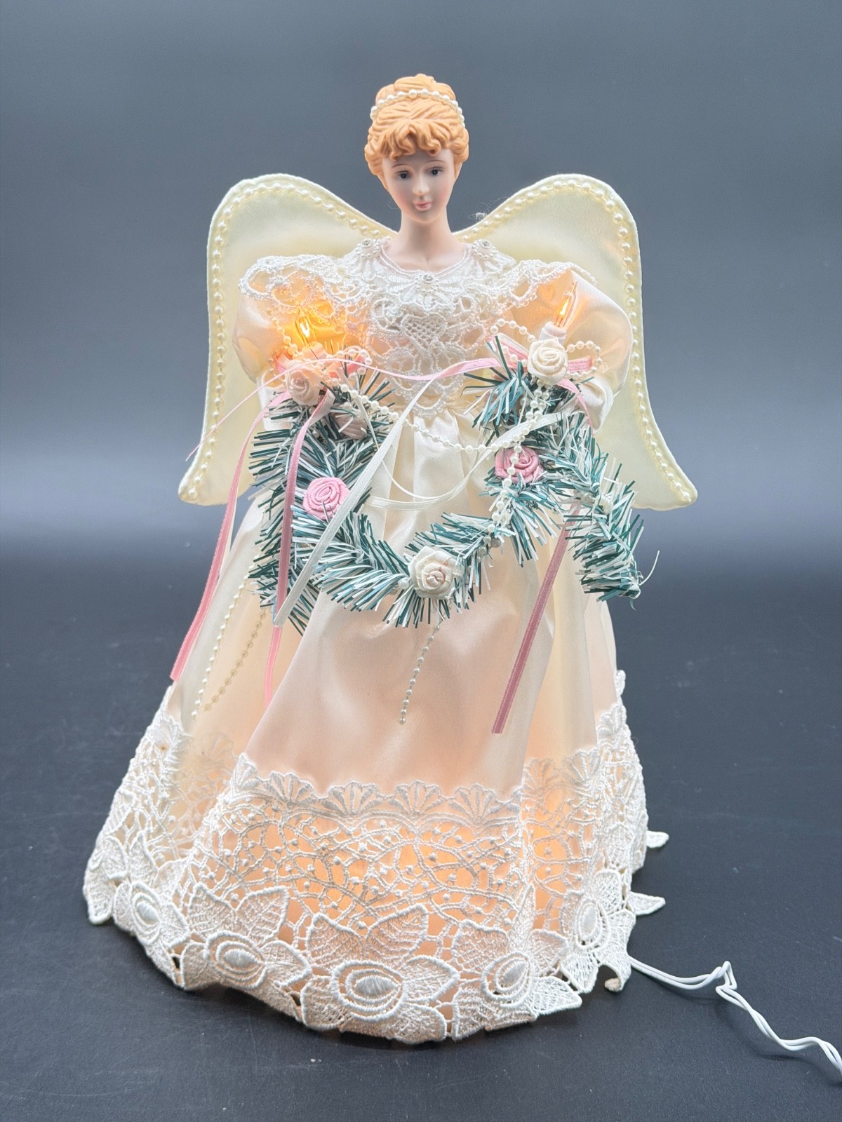 Vintage Traditions Christmas Angel Tree Topper 10 Light Satin Gown Roses Garland