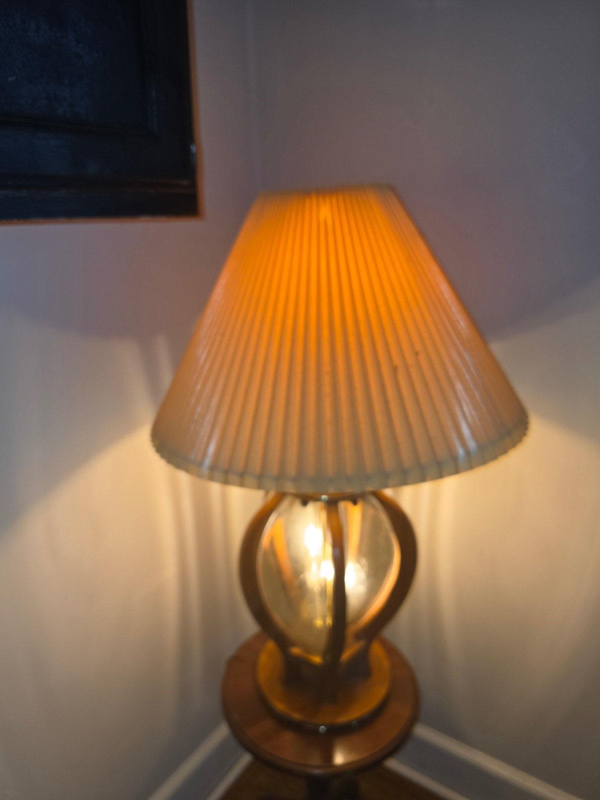 Anthony California Oak Table Lamps with Original Pleated Shades – 34” Tall Vinta