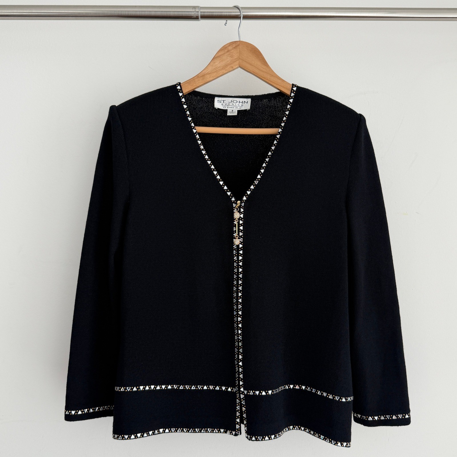 St John Evening Jacket 8 Black Santana Knit Rhinestone Crystal Zip Wool Blend