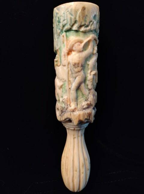 ANTIQUE GERMAN / SWISS HORN? CARVED RELIEF: GOATHERD & GOATS BRUSH HANDLE