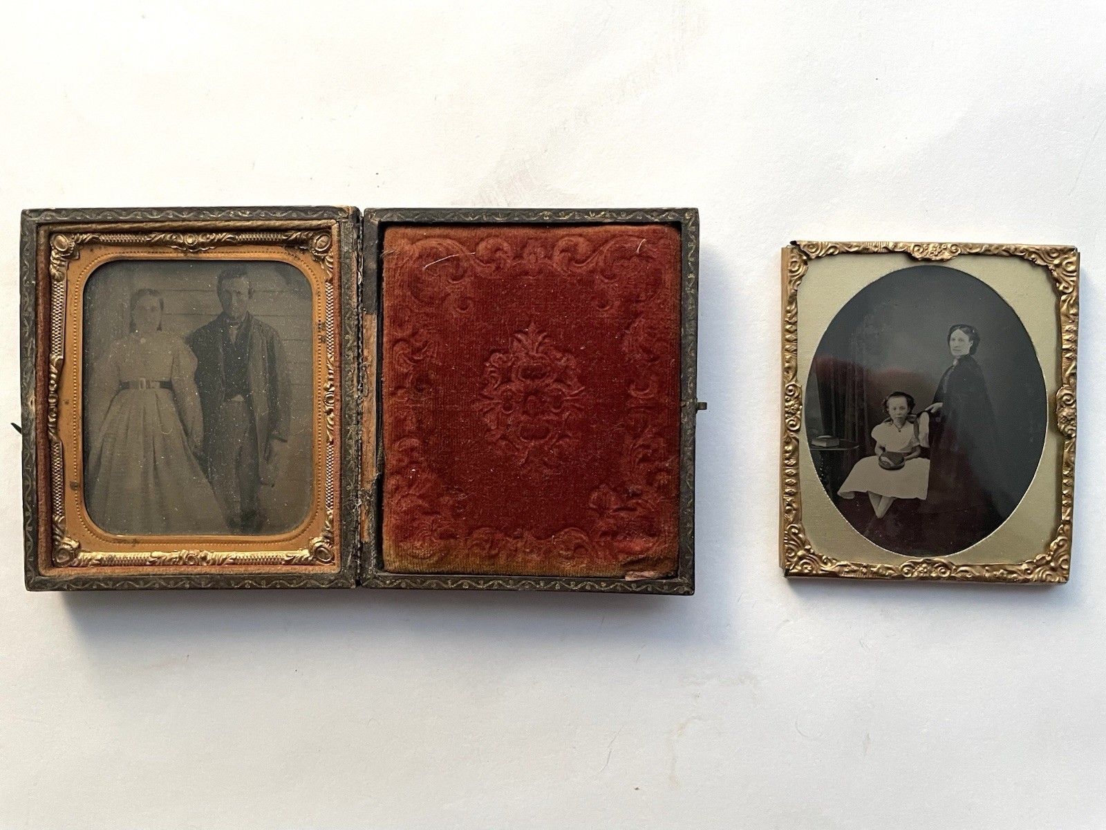 Antique 2 1860s Photos: Cased Tintype Couple & Uncased Ambrotype Mother Child