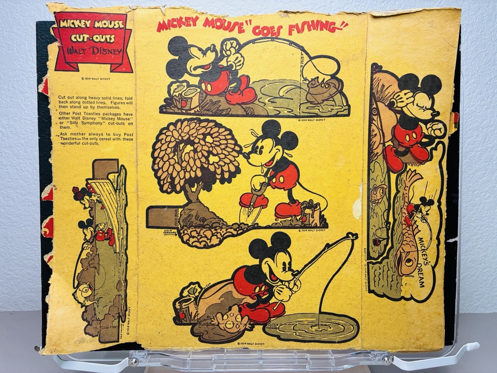 1934 Post Toasties Cereal Disney Cardboard Cutout Mickey Mouse Goes Fishing