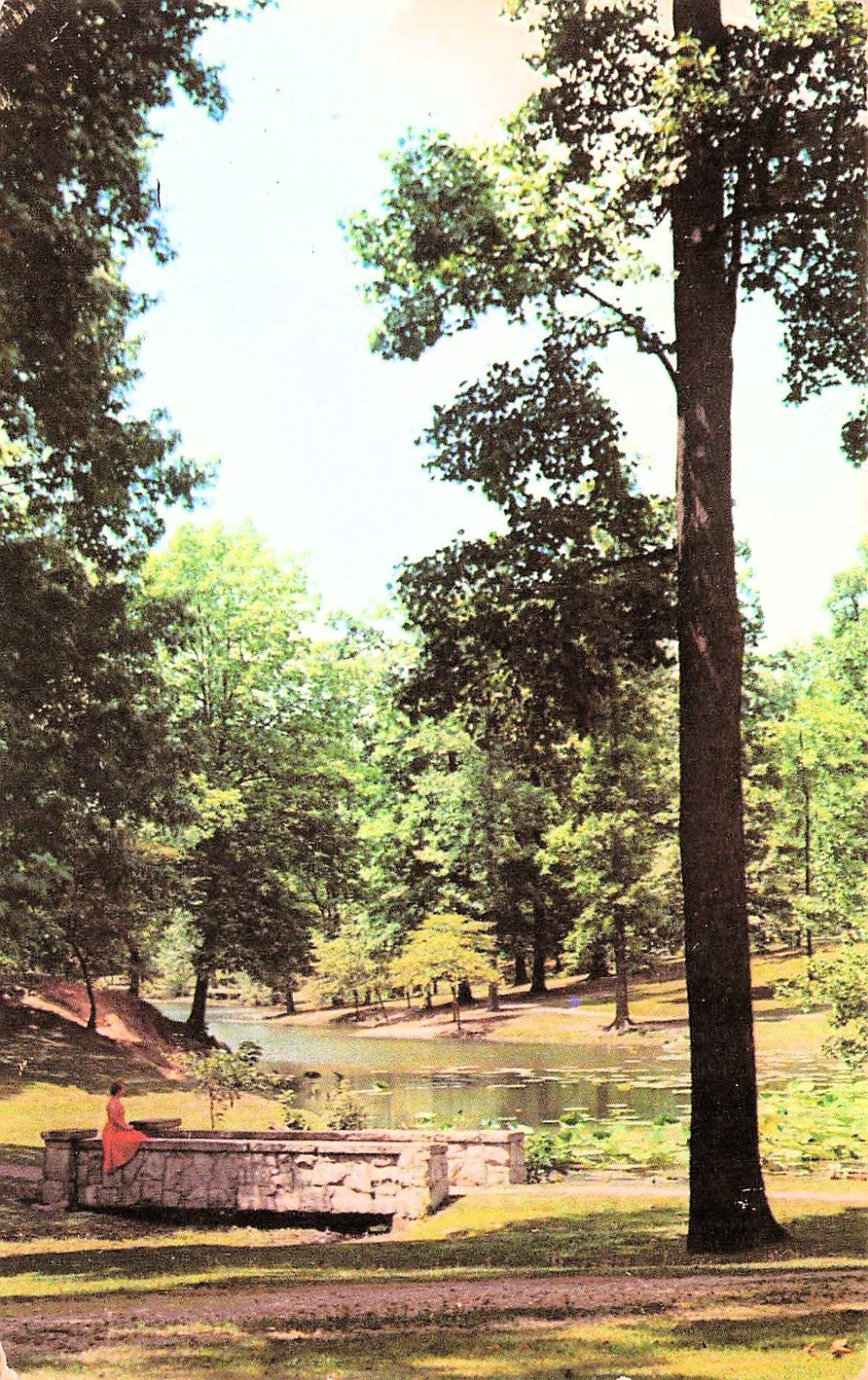 Evansville IN Indiana Woman Red Dress Bridge Garvin Park Vtg Postcard 18A