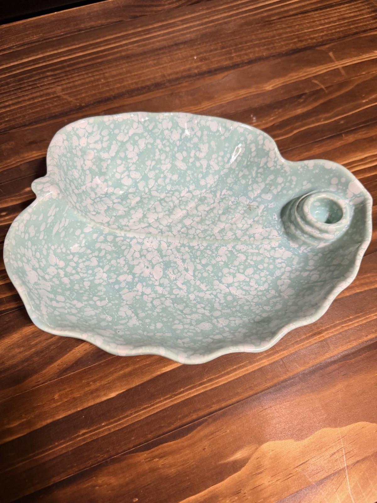 Vintage Mid Century Ceramic Leaf Dish Candle Holder Mint Green Splatter USA 137