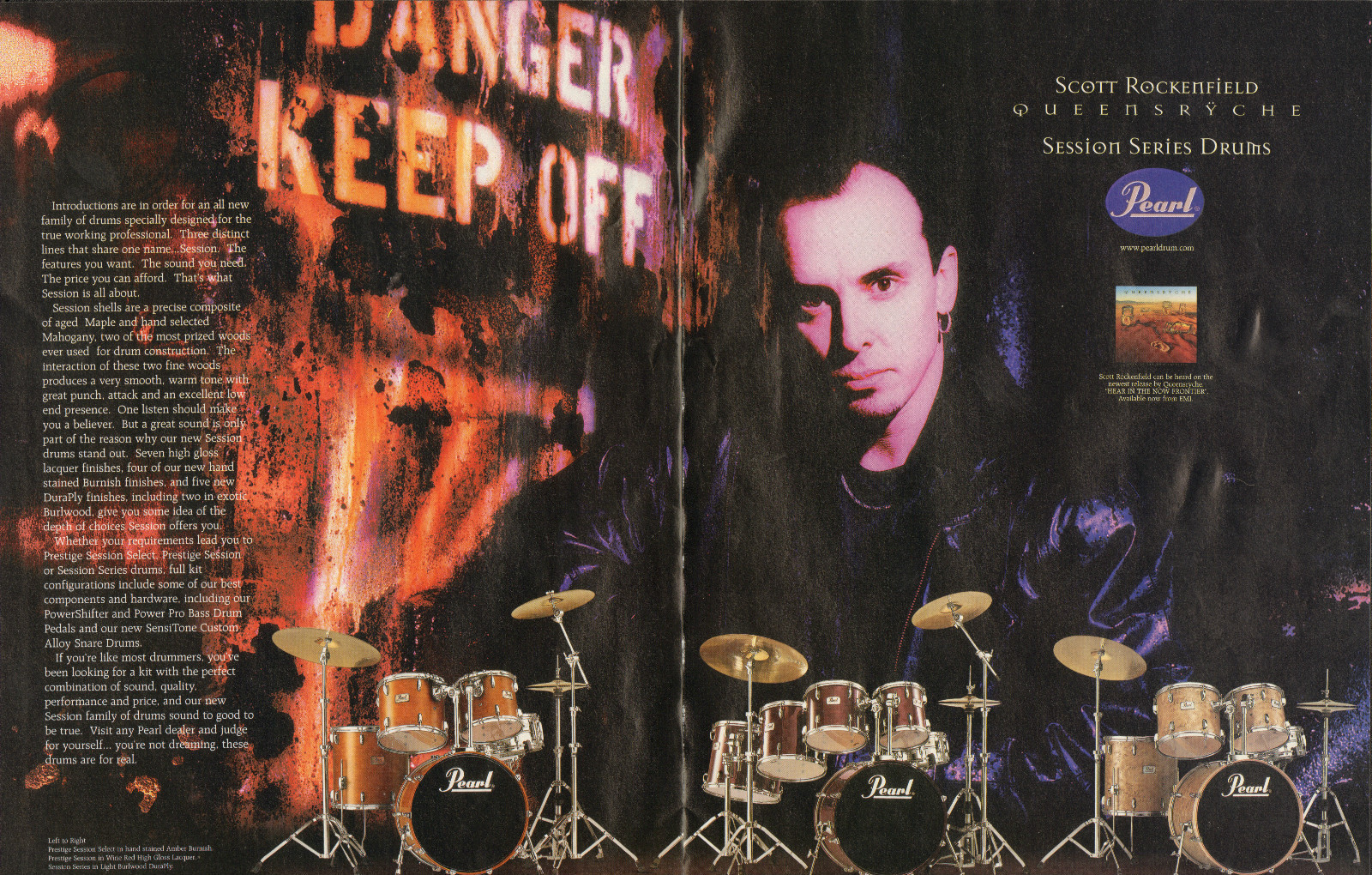 1997 2pg Print Ad of Pearl Session Series Drum Kit Scott Rockenfield Queensryche