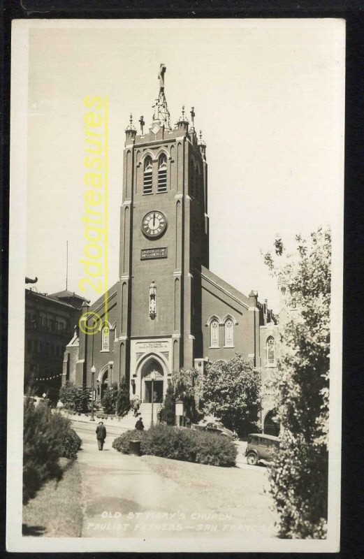 Rppc St Mary\'s Church Paulist Fathers San Francisco Ca Old Cars Clock Postcard