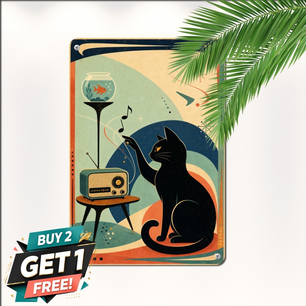 Mid Century Musical Cat Illustration Vintage Retro Harmony Metal Tin Sign