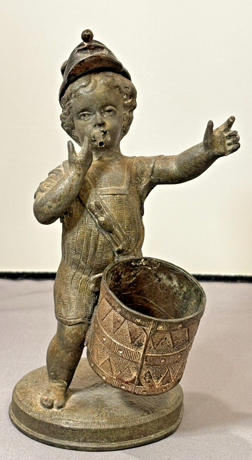 ANTIQUE 1880s FIGURAL Drummer Boy COUNTERTOP CIGAR OIL LIGHTER BRONZED SPELTER