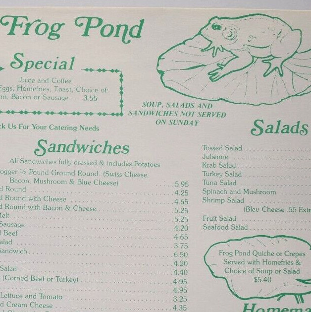 1992 Frog Pond Restaurant Menu Placemat Gulf Blvd North Redington Beach Florida