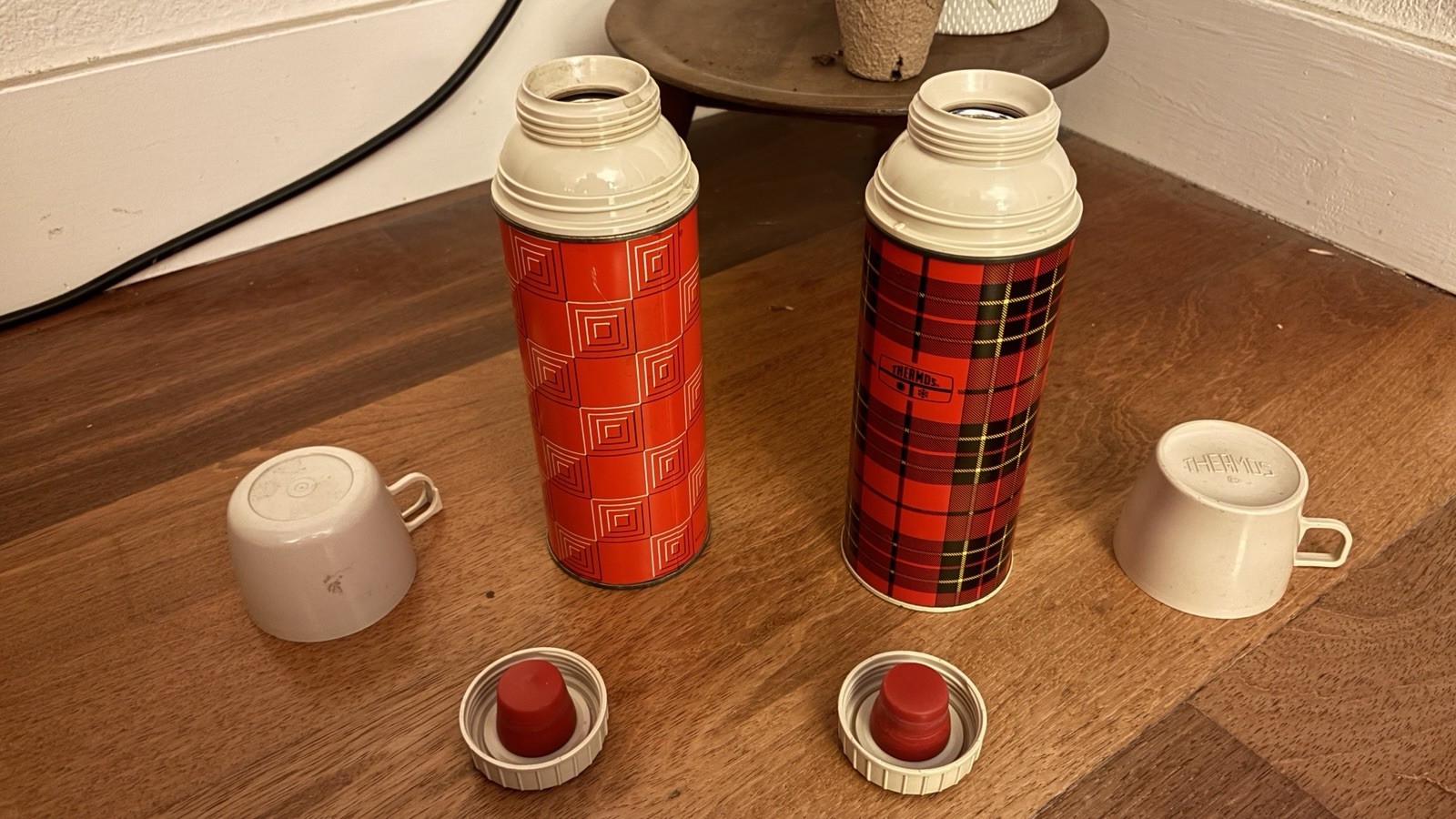 Two (2) Vintage Thermos Red Plaid King Seeley & Red Both With Cup