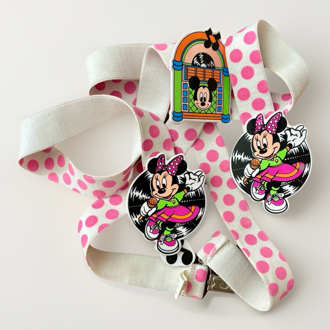 Vintage 1990 Disney Avon Mickey & Minnie Mouse 50s Style Pink & White Suspenders