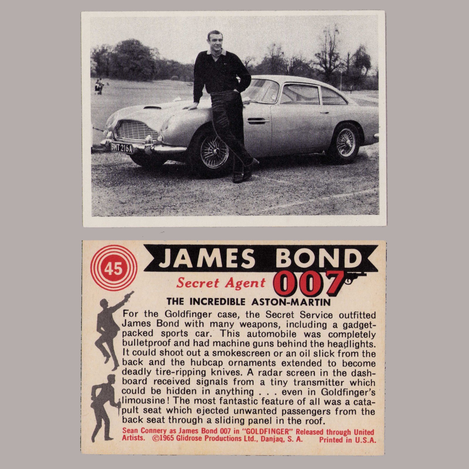 1965 JAMES BOND Secret Agent 007 Sean Connery ASTON MARTIN Gildrose Card #45 NM