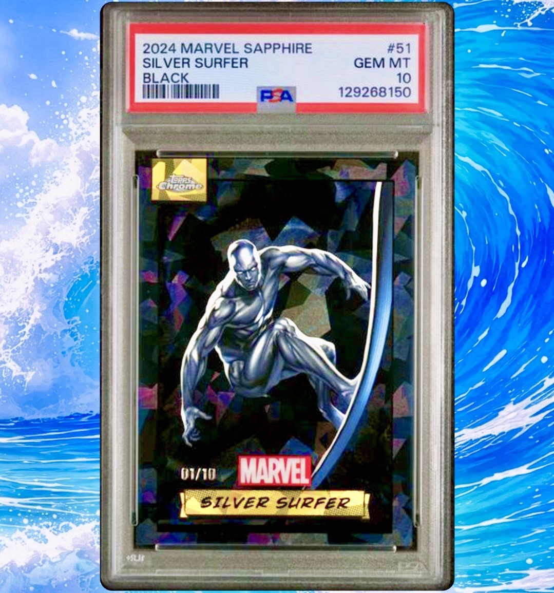 2024 TOPPS MARVEL SAPPHIRE SILVER SURFER BLACK 01/10 PSA 10 POP 3 FIRST ON PRINT