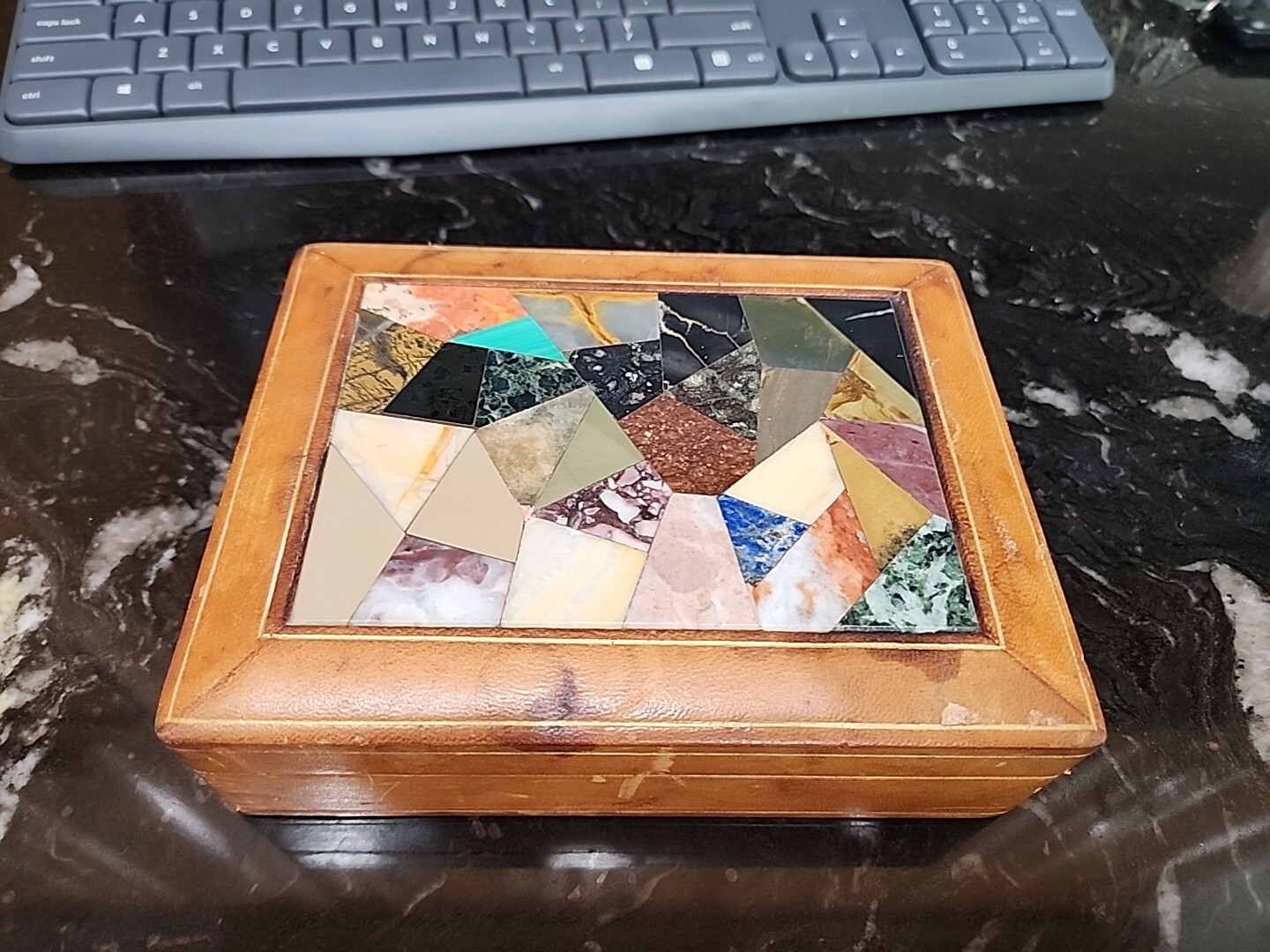 Vintage Italian Leather & Marble Semi Precious Stone Specimen Vanity Box - NICE