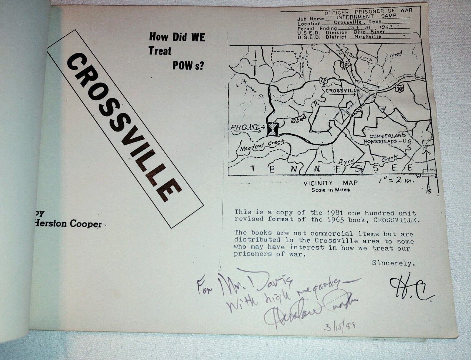 WWII GERMAN POW Camp Crossville TN- Maj. Herston Cooper, Signed edition complete