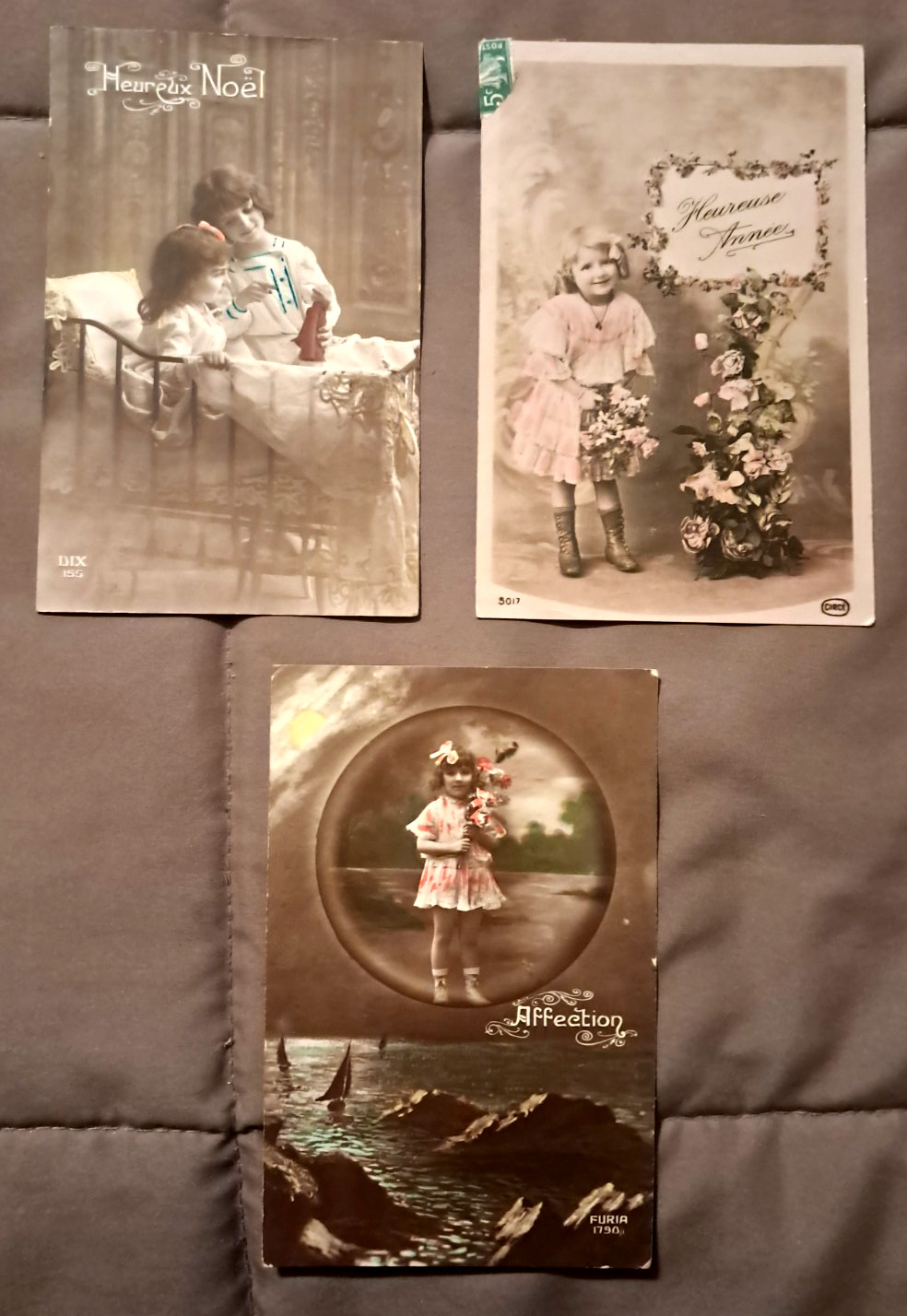 Antique lot of 3 REAL PHOTO POSTCARDS, LITTLE GIRLS, doll, pink ribbons, FRENCH