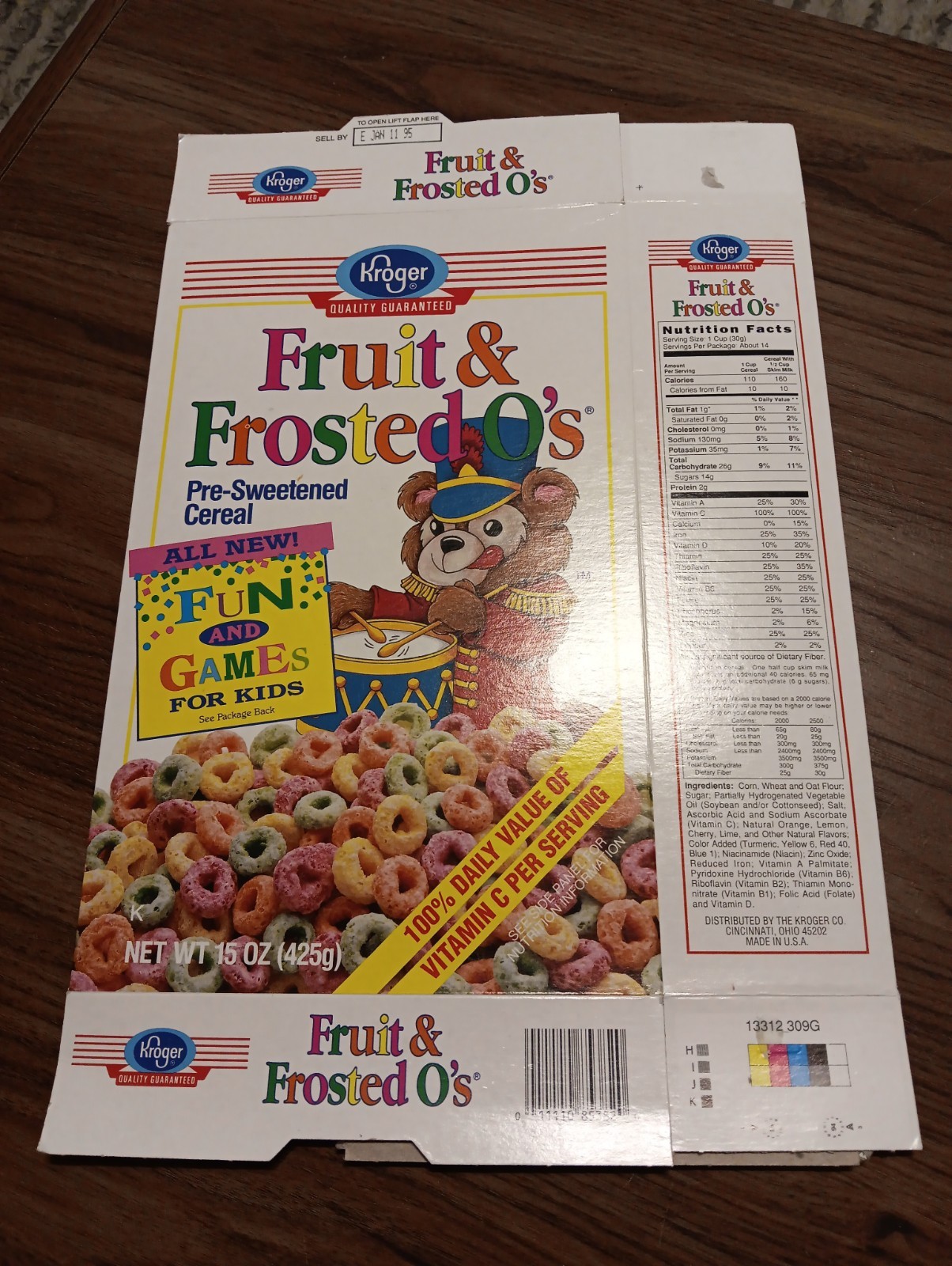 1993 Fruit & Frosted O's Kroger Empty Cereal Box Fun And Gameson Back