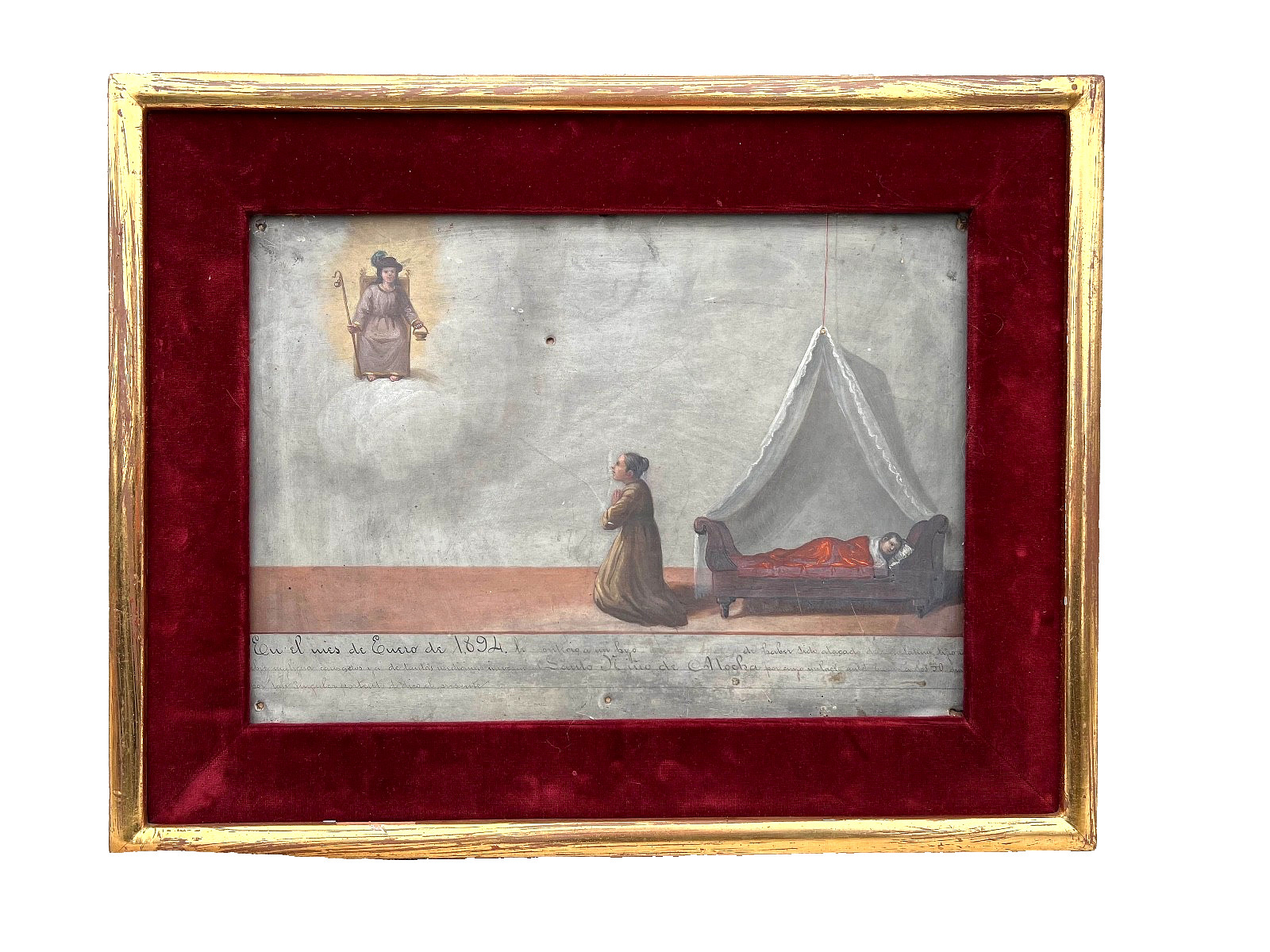 Antique 1894 Mexican Ex Voto Retablo Sick Child Santo Nino Oil on Metal