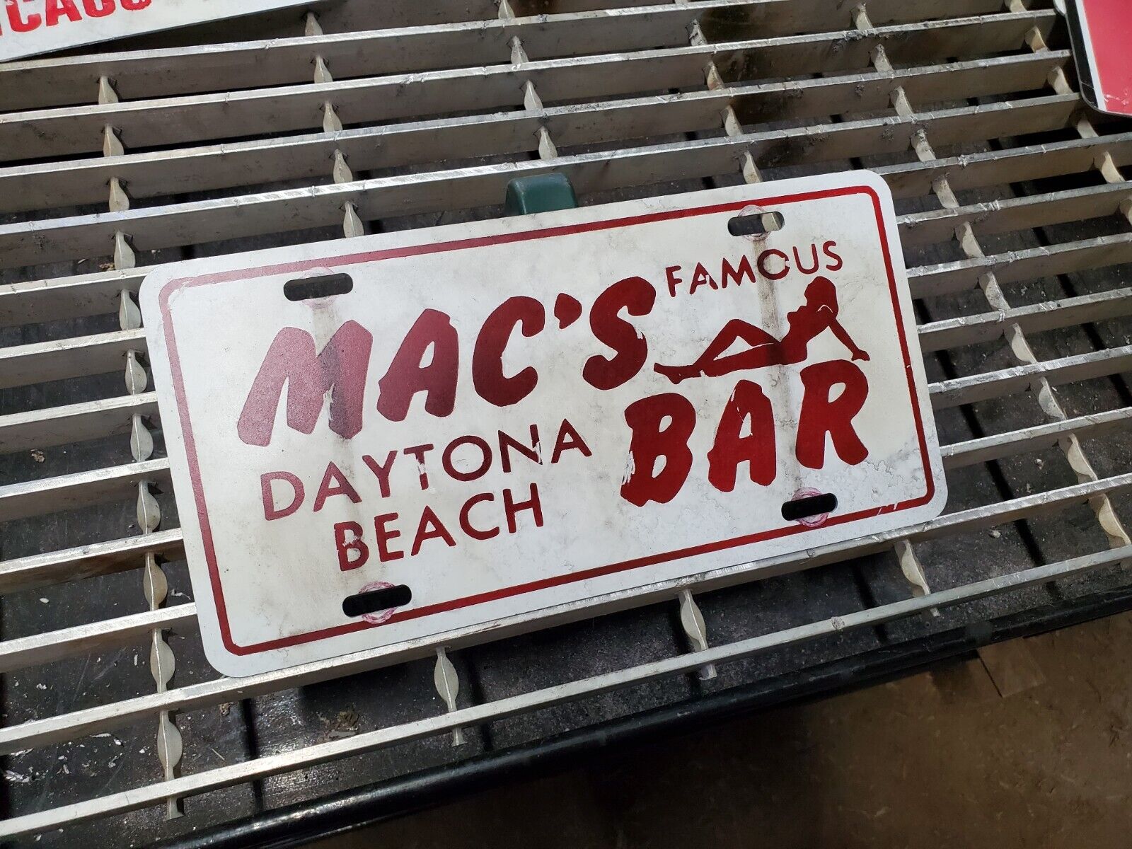 Mac's Famous Bar Daytona Tag Painted Speed Shop Sign Vintage Antiqued Look VTG