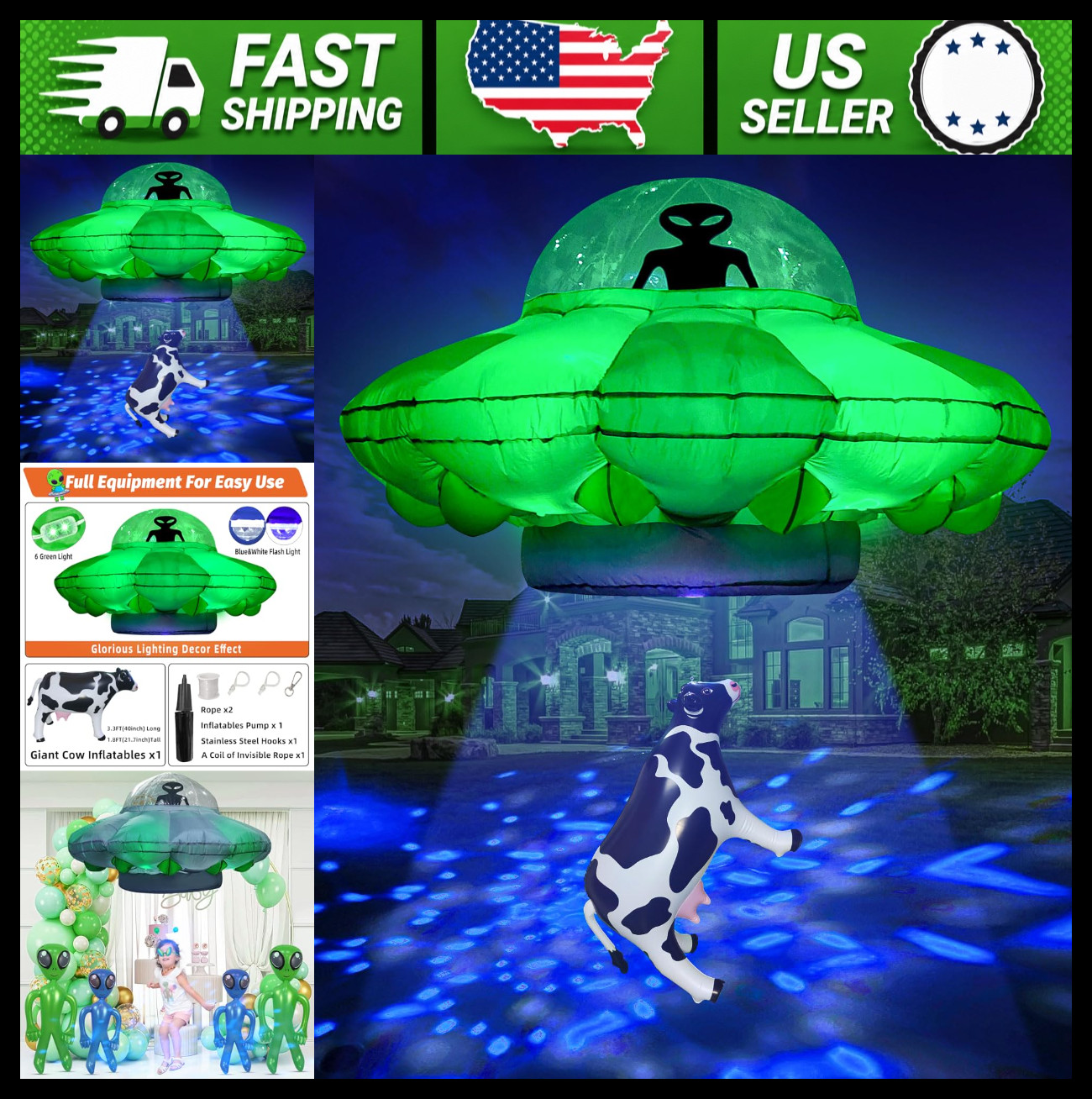 4.2ft Inflatable UFO Alien Cow Abduction Halloween Decor with LED Lights 4.2ft Inflatable UFO Alien Cow Abduction Halloween Decor with LED Lights
