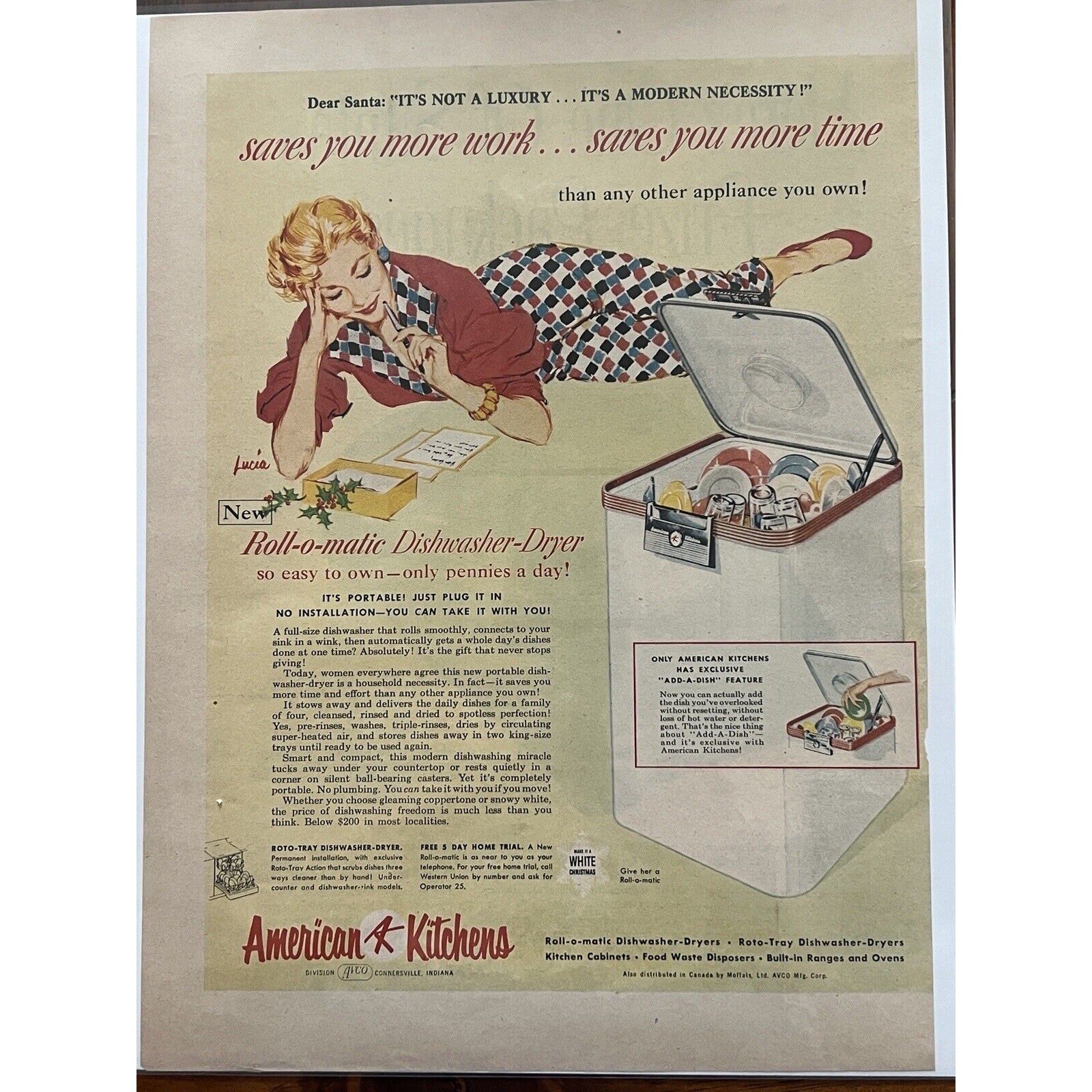 Vtg 1950s American Kitchens Roll o Matic Dishwasher Dryer Print Ad 11x14\