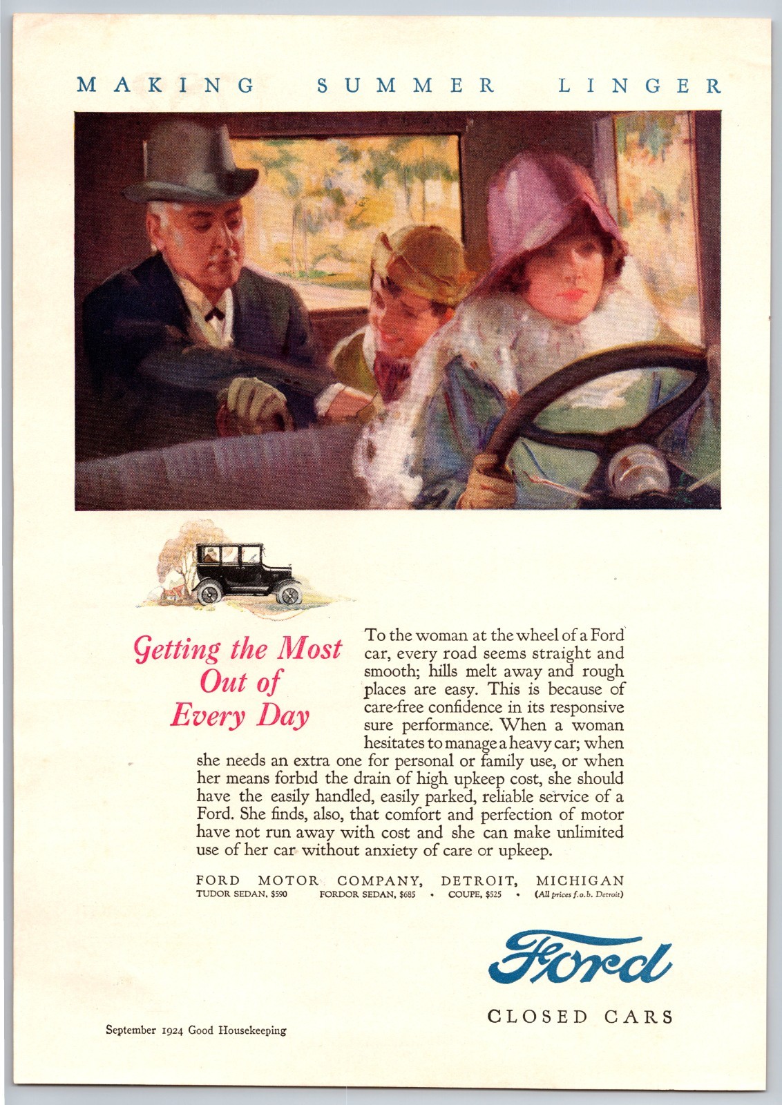 Vintage 1924, Ford, Woman Driving, Auto, Automobile, Car 20's Print Ad