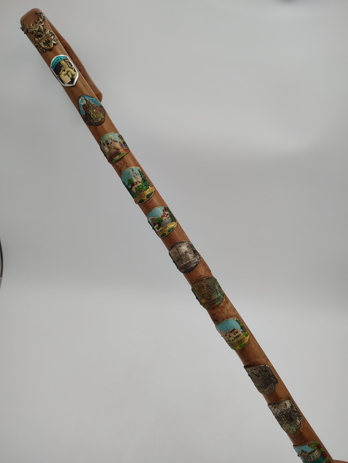 Vintage 1950s German Hiking Cane with 21 Souvenir Badges – German Collectable