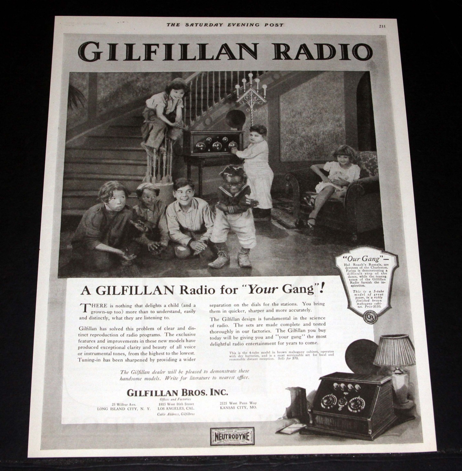1925 OLD MAGAZINE PRINT AD, GILFILLAN RADIO-YOUR GANG CAN LISTEN TO \
