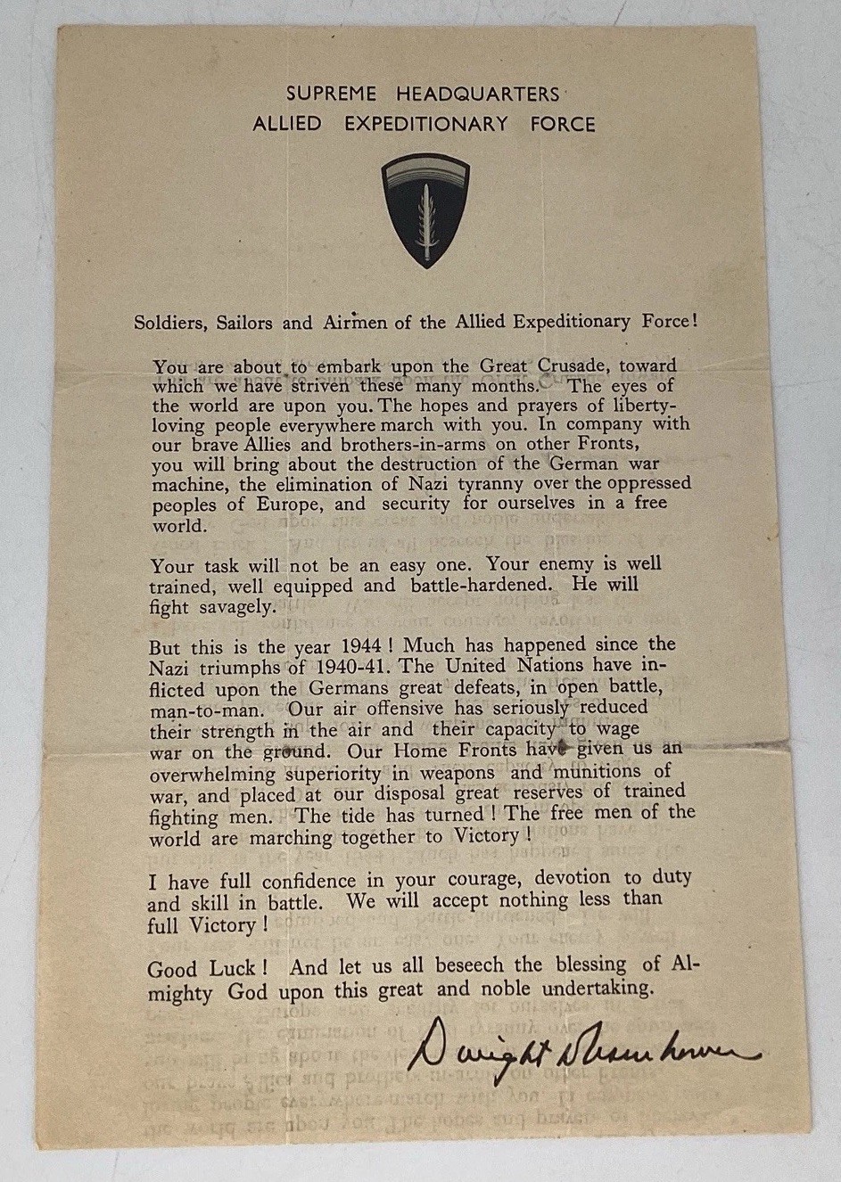 Authentic Original Eisenhower Framed D-Day Order Allied Expeditionary Force 1944